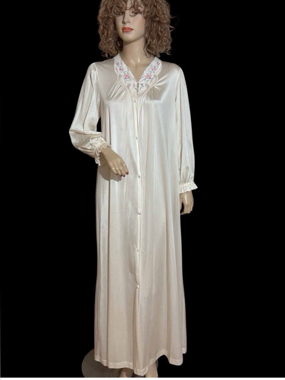 Vintage Lorraine Long Off White Embroidered Nylon Nightgown Robe Sz M